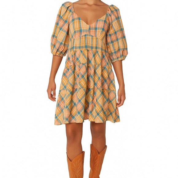 Drew Sweetheart Neckline Plaid Tiered Dress Puff 3/4 Sleeve Western Above Knee - Picture 1 of 10
